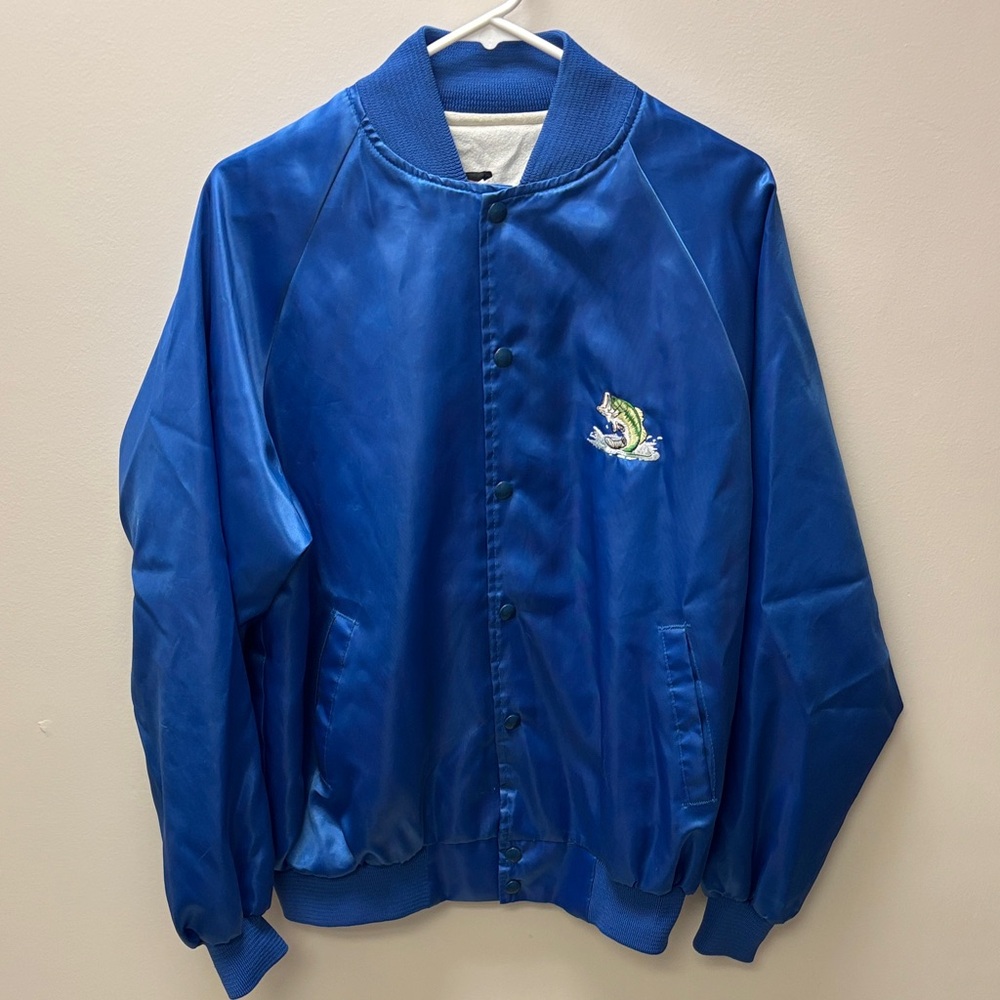 Blue Satin Bomber Jacket with Embroidered Fish Vintage